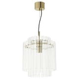 Zlatna viseća svjetiljka STOCKHOLM 2025 s prozirnim staklenim cilindrima. Elegantan dizajn za blagovaonicu ili dnevni boravak, pružajući izravno svjetlo.