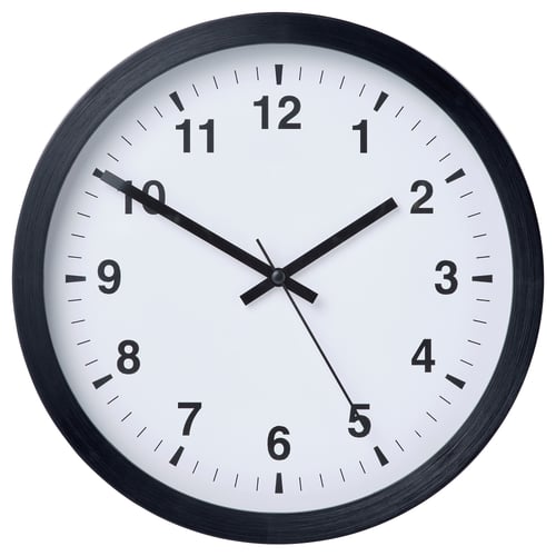 TJALLA sat, okrugli, bijeli brojčanik, crni okvir, brojevi i kazaljke. Tihi, kvarcni pokret.