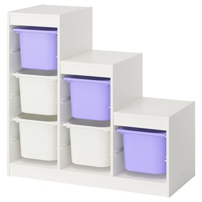 Ikea TROFAST bijelo spremište s ljubičastim kantama.