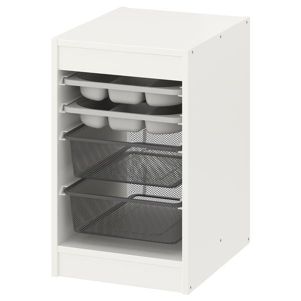 IKEA TROFAST kocka za pohranu, bijela, s mrežastim pladnjevima i ladicama za organiziranje predmeta.