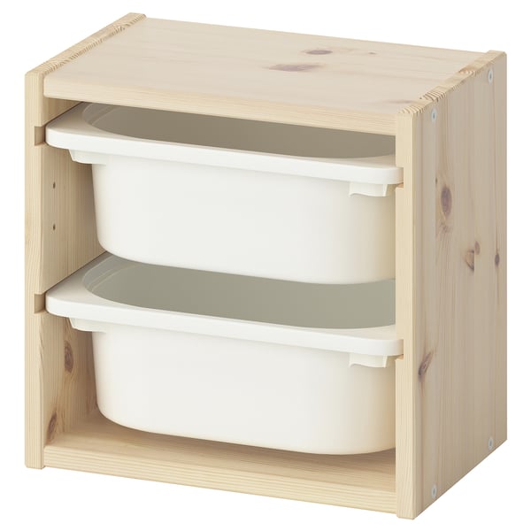 Ikea TROFAST lagano drveno spremište s 2 bijele plastične kante, jednostavan pravokutni blok dizajn.