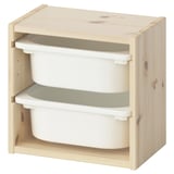Ikea TROFAST lagano drveno spremište s 2 bijele plastične kante, jednostavan pravokutni blok dizajn.