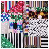 Dvije osobe poziraju u šarenom prikazu tkanine, okružuju ih svijetli uzorci i pruge.