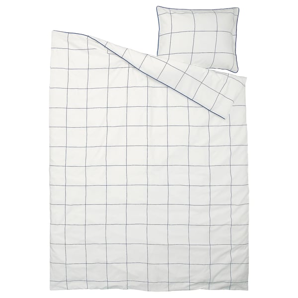 BREDVECKLARE paplanszett, fehér kék rácsos mintával, pamut/viszkóz, téglalap párna négyzettel.