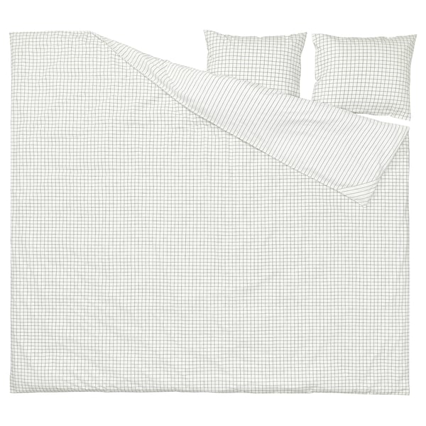 DOFTAKLEJA paplanszett, fehér/antracit, kockás/csíkos mintás, pamut, téglalap alakú, zsebekkel.