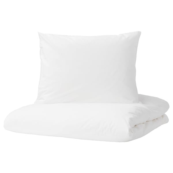 Fehér DVALA pamut paplanhuzat és párnahuzat szett, egyszerű kialakítás, tiszta és puha.