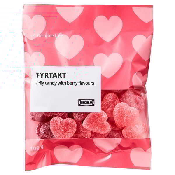 IKEA FYRTAKT zselés cukorka zacskó bogyós gyümölcsökkel, szív alakú, zselatinmentes.