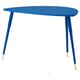 Élénkkék, kis IKEA LÖVBACKEN kisasztal, félkör alakú lap, három karcsú aranyhegyű láb, modern retro dizájn.