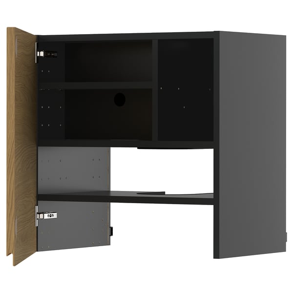 Modern METOD szekrény szürke és tölgy színben, minimalista dizájnnal, két nyitott polccal és fiókkal, fém fogantyúkkal, minimalista letisztult vonalakkal.