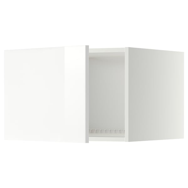 Fehér modern konyhaszekrény, fényes felület, négyzet alakú, minimalista kialakítás.