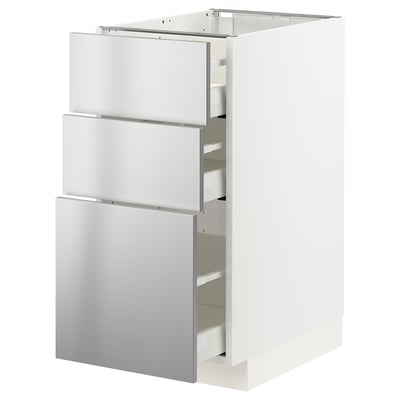 Egy METOD konyhaszekrény három rozsdamentes acél fiókkal. Elegáns, modern és ipari, konyhai kialakításra tervezték.