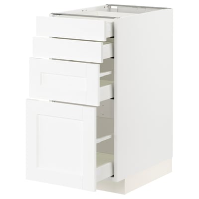 Fehér ikea METOD konyhaszekrény több fiókkal, karcsú és modern dizájnnal.