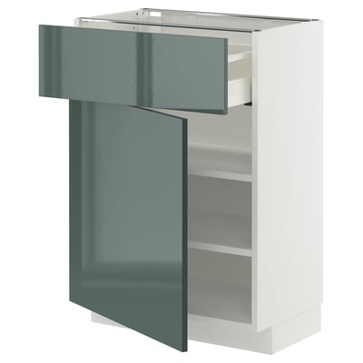 Ikea METOD szürke-zöld, magasfényű szekrény elkenődésmentes üvegfiókkal és polcokkal.
