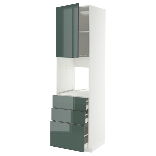 Modern konyhabútor: METOD magasfényű szürkészöld ajtókkal, acél fiókokkal, fehér kerettel.