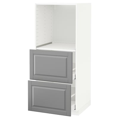 Ikea METOD konyhabútor: fehér keret, szürke fiókok, modern dizájn.