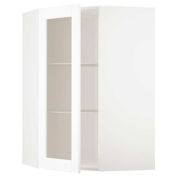 Fehér METOD konyhaszekrény, állítható üvegpolcokkal, balra nyíló ajtóval.