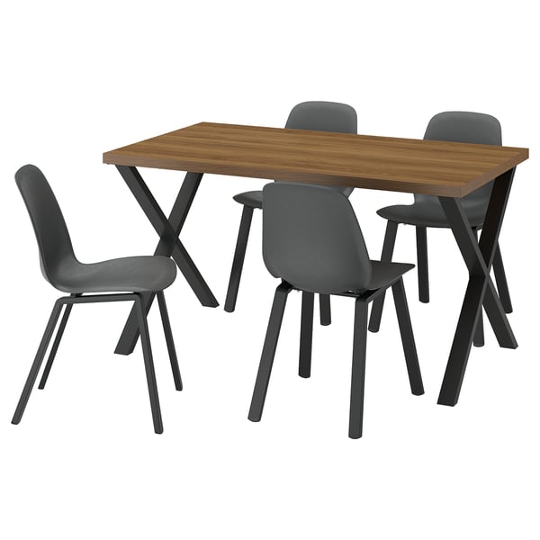 SKÅLSTA Asztal és 4 szék, dió hat X alakú fekete-szürke/műanyag fekete profilozott fém/fekete-szürke, 140x80 cm