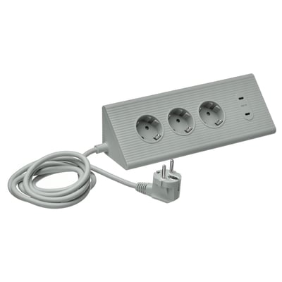 SKOTAT szürke hosszabbító kábel újrahasznosított műanyaggal, 3 aljzattal, usb porttal, tekercselt.