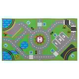 A gyerekek szőnyeget játszanak, zöld, szürke utakat, közlekedési táblákat, gumi hátlapot, puha nejlonhalmot.