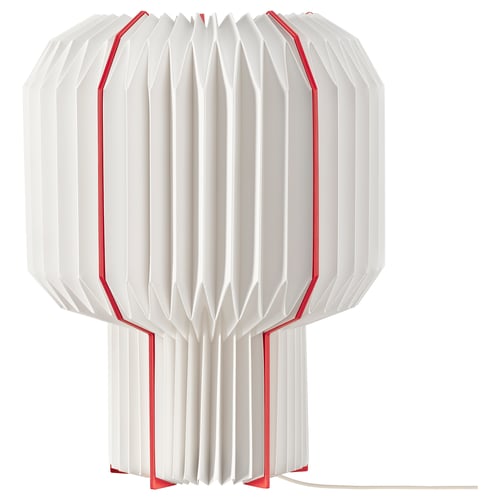 STRÅLA asztali lámpa, fehér, piros díszítéssel, redőzött, modern design, szintetikus papír ernyővel.