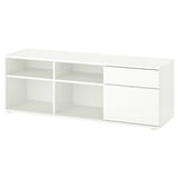 Fehér VIHALS tv-állvány két fiókkal. Nyitott polcokkal és elegáns, modern dizájnnal rendelkezik. Ideális tároláshoz és médiabeállításhoz.