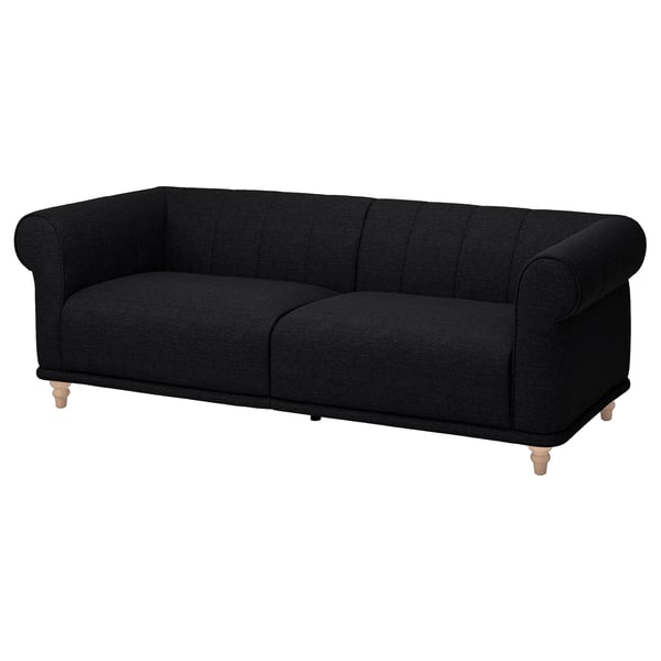 Fekete VISKAFORS kanapé, klasszikus design, mély ülés, puha, lekerekített karok, fa lábak, hívogató.