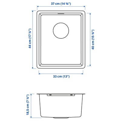 VRESJÖN konyhai mosogató. Rozsdamentes acélja, karcsú és vékony, kis sugarú sarkokkal a jobb serpenyőhely érdekében. Hő- és foltálló.