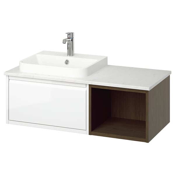 Modern white wall-mounted bathroom vanity, marble sink, open storage, chrome faucet.