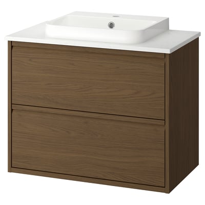 Modern wooden brown vanity with marble top & white basin, wall-mounted with full drawers.