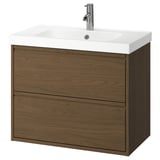 Modern bathroom vanity: ÄNGSJÖN, wood finish, two drawers, white sink, wall-mount.