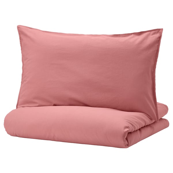 Pink cotton duvet set, soft, pre-washed, rectangular shape.