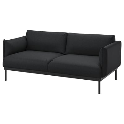 Modern black fabric sofa, sleek metal legs, clean lines, deep cushions.