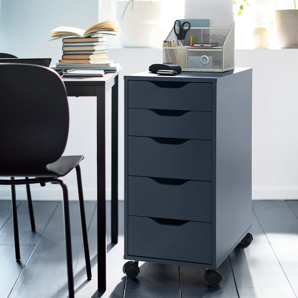 ALEX Drawer unit on castors, black-blue, 36x76 cm