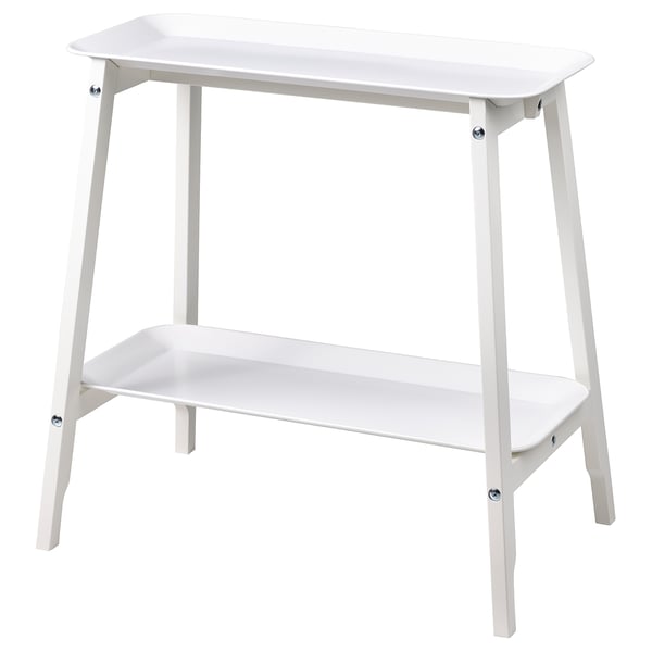 Displays a white ALPVIDE plant stand with a rectangular steel tray and wooden legs, featuring a minimalist design.