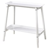 Displays a white ALPVIDE plant stand with a rectangular steel tray and wooden legs, featuring a minimalist design.