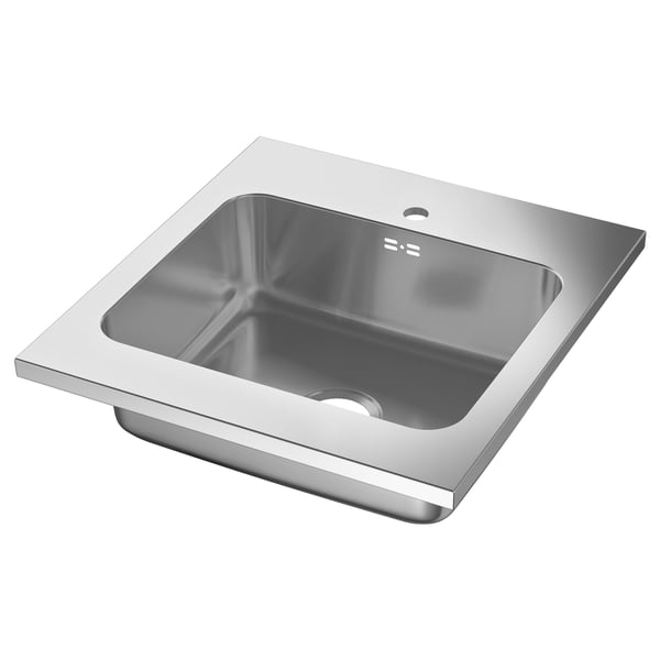 Stainless steel AMMERÅN sink, square, deep basin, single faucet hole, modern design, mounted between counters.