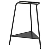 This image shows a stylish, black anfallaere desk with minimalist design, featuring a triangular metal base and a bamboo table top.