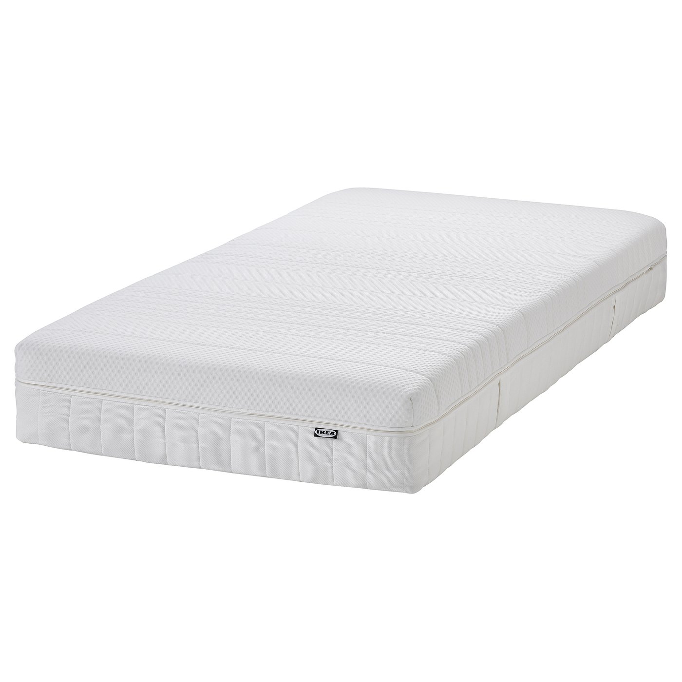 White IKEA hybrid mattress with memory foam and pocket springs.