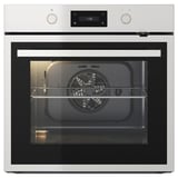 Modern silver self-cleaning oven with digital display, stainless steel handle, and telescopic racks.