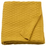 ANTOINETTA mustard yellow throw blanket, knit acrylic, square folded.