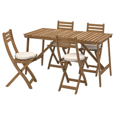 ASKHOLMEN wooden outdoor dining set with 4 chairs, beige cushions, foldable, light brown finish.
