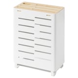 AVSTEG: white knife holder, bamboo top, steel body, slanted slots for drying.