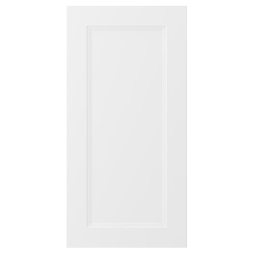 A white kitchen cabinet door with a classic design. It has a smooth, rectangular shape with a central inset panel.