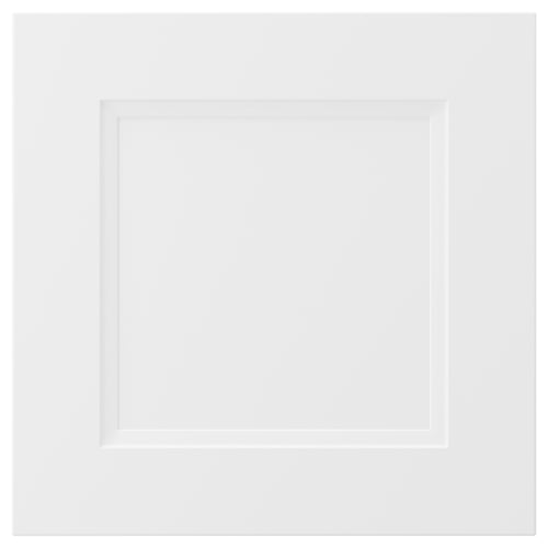 A white, square-shaped kitchen cabinet door with a matte finish and a recessed panel design, part of the AXSTAD series.