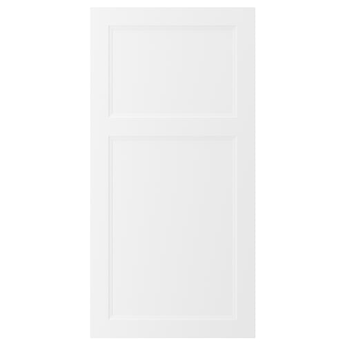 White AXSTAD cabinet door with classic-modern design, soft lines, fiberboard construction.