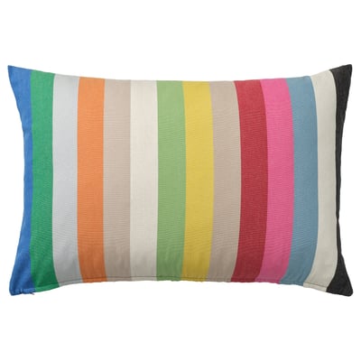 Rectangular rainbow-striped pillow, multi-color cotton, zipper closure.