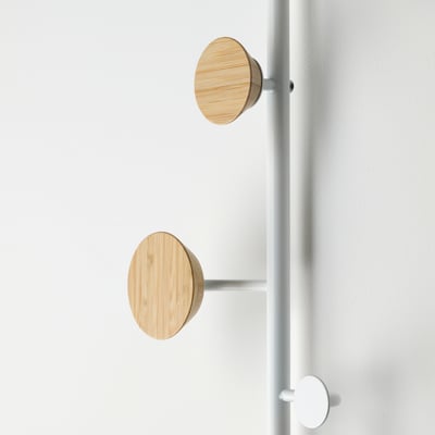 BÄRFIS wooden coat hanger: sleek white frame, adjustable bamboo knobs, modern design for organizing kids’ rooms.