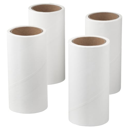 Four BÄSTIS lint roller refills against white background, using chlorine-free and unbleached paper.