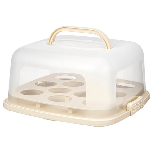 A white BAKTIDER cake carrier with a lid and handle, made of polypropylene plastic, designed to store and transport baked goods.