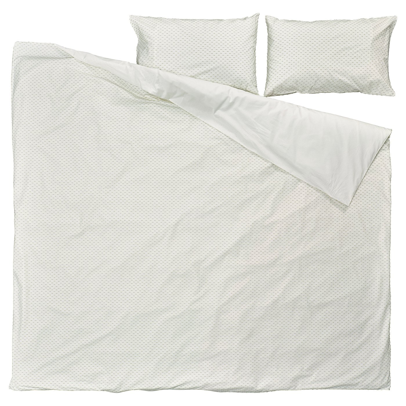A BANDKNIPPE bedding set with green woven patterns on a white background, made of 100% cotton, featuring a duvet and two pillows.